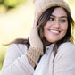 cashmere waffle knit hat and gloves in a taupe color