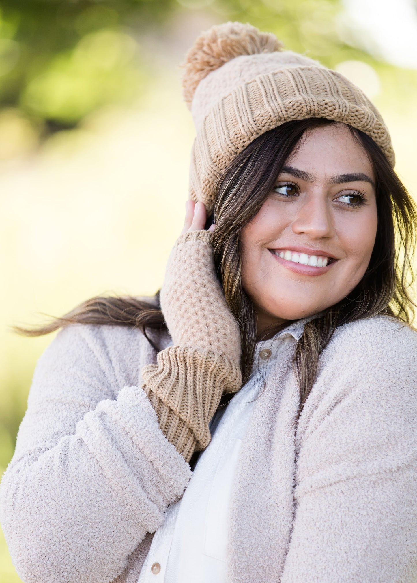 cashmere waffle knit hat and gloves in a taupe color