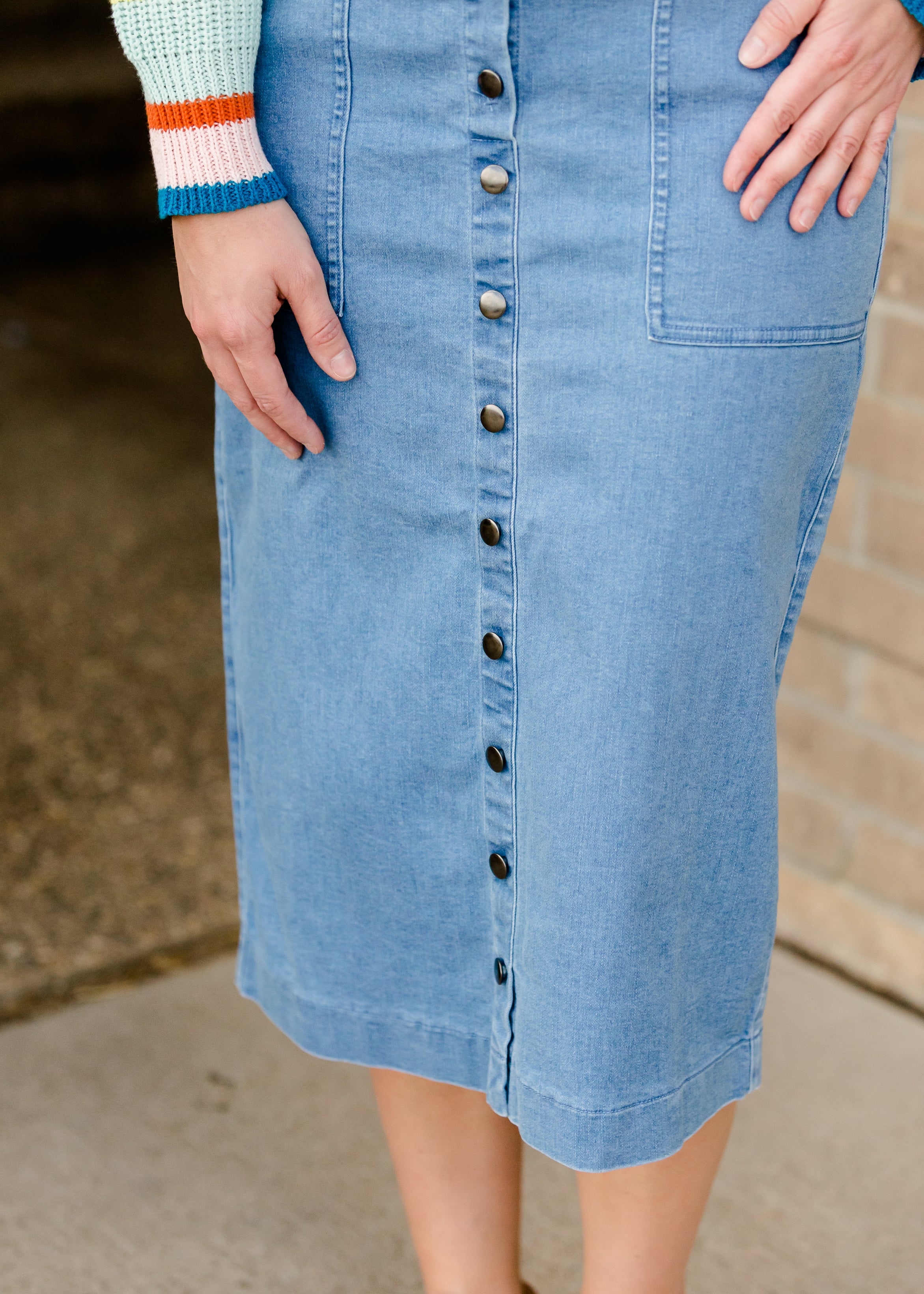 Inherit Original Cassidy Button Front Modest Midi Denim Skirt