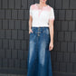 Long a-line denim skirt with a button detail