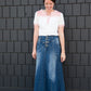 Long a-line denim skirt with a button detail