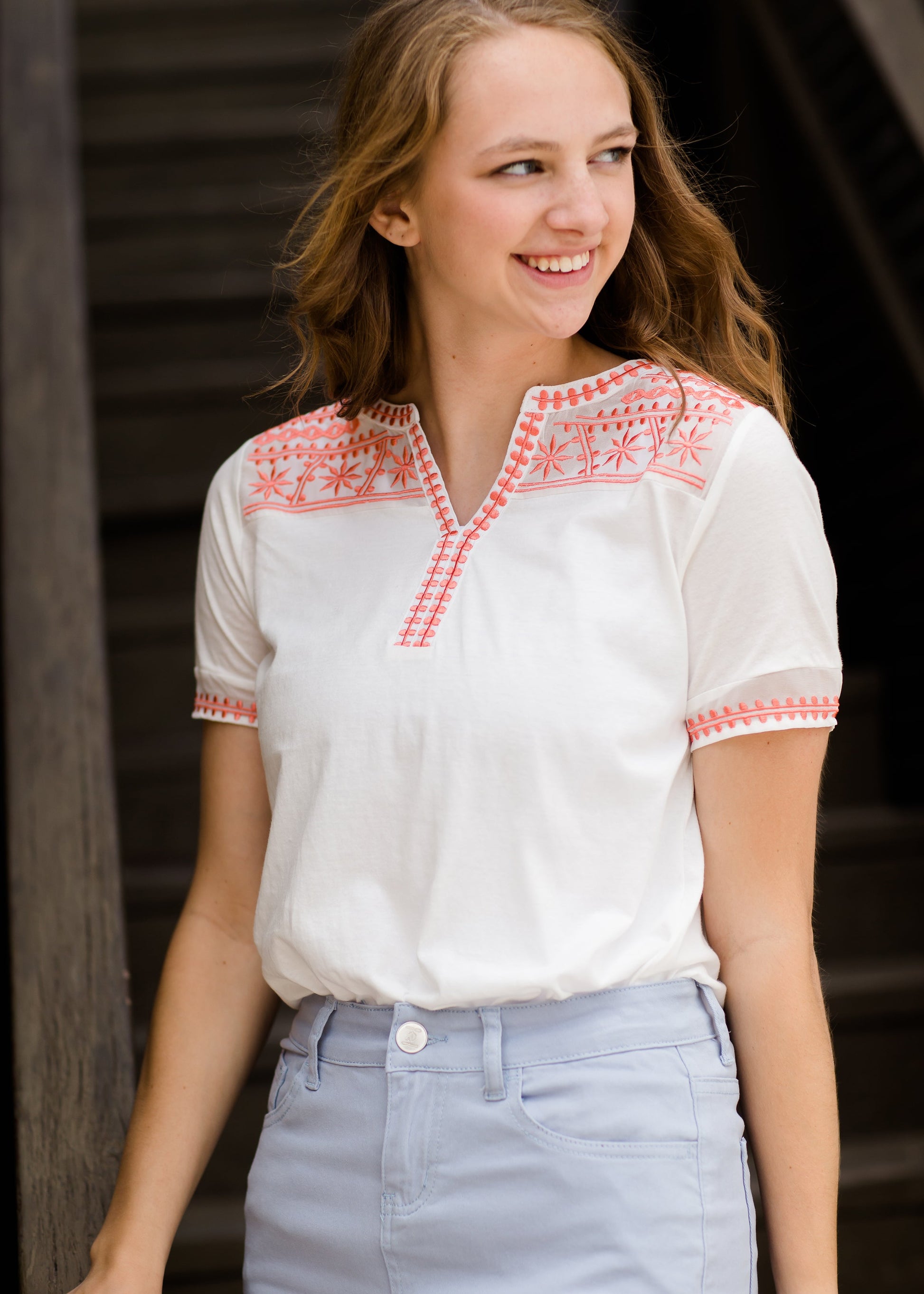 Coral Embroidered Modest Top 