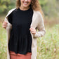 Knit cardigan, in black, heather gray, oatmeal or mauve option. Long sleeves, front pockets and open front.