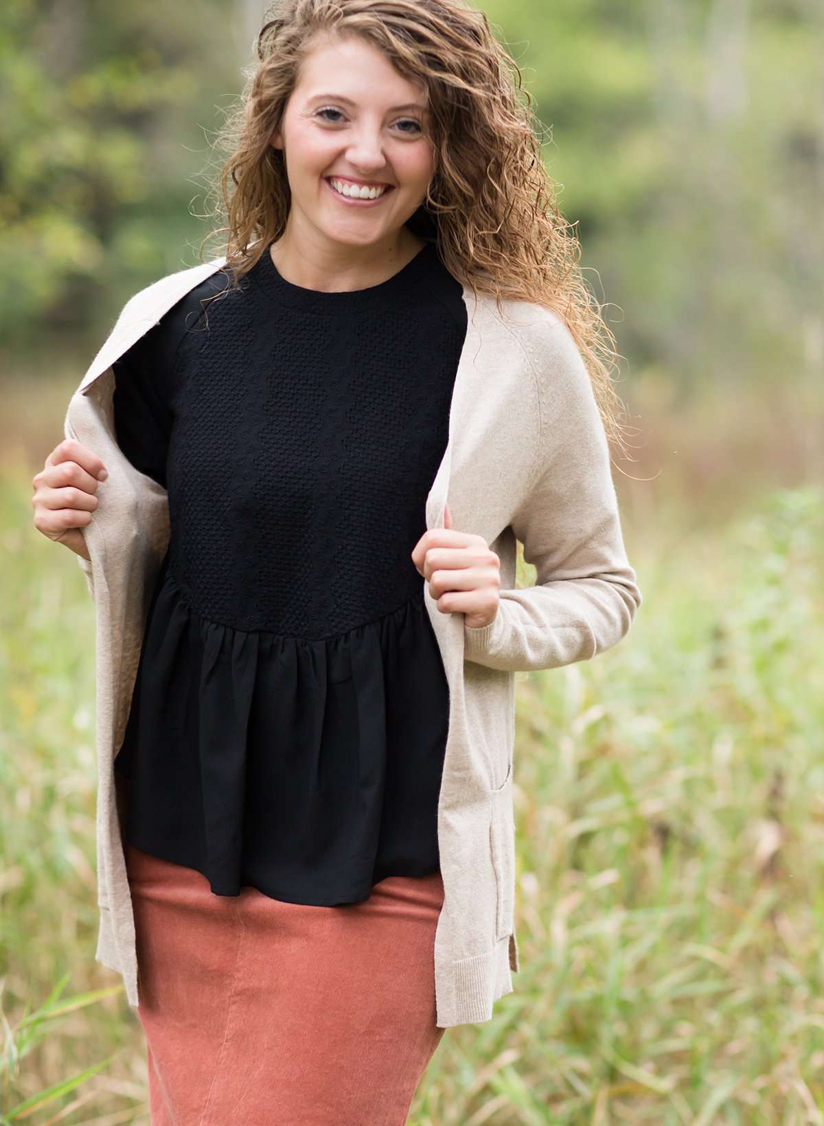 Knit cardigan, in black, heather gray, oatmeal or mauve option. Long sleeves, front pockets and open front.