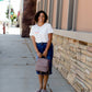 modest midi denim skirt with back pocket detail