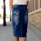 modest midi denim skirt with back pocket detail