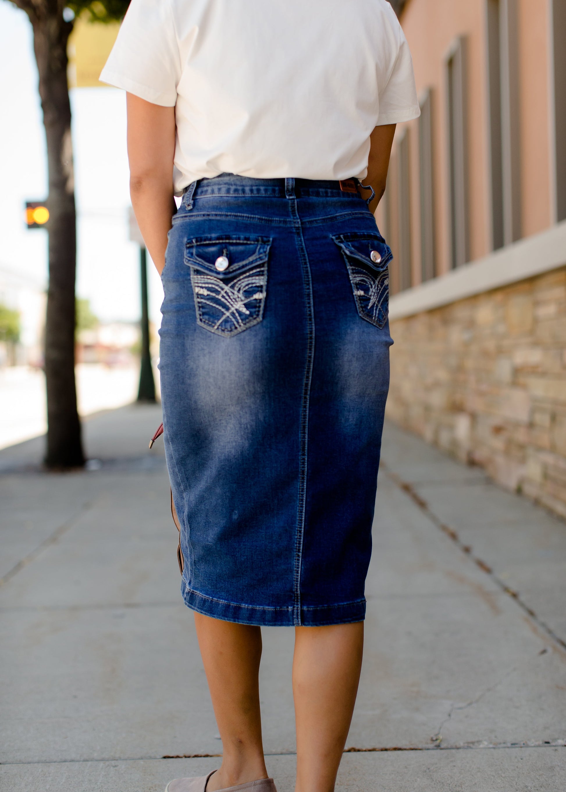 modest midi denim skirt with back pocket detail