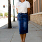 modest midi denim skirt with back pocket detail