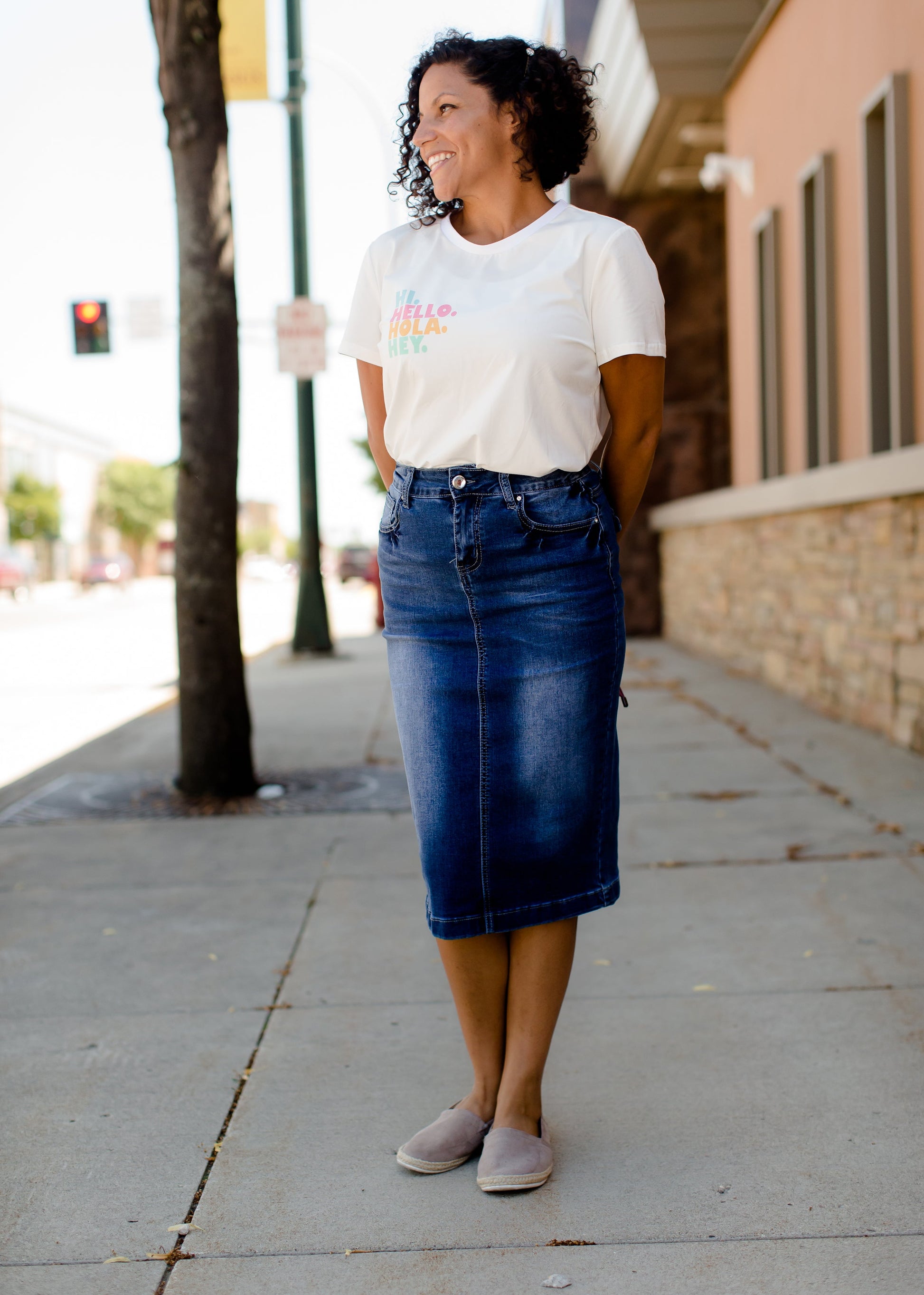 modest midi denim skirt with back pocket detail