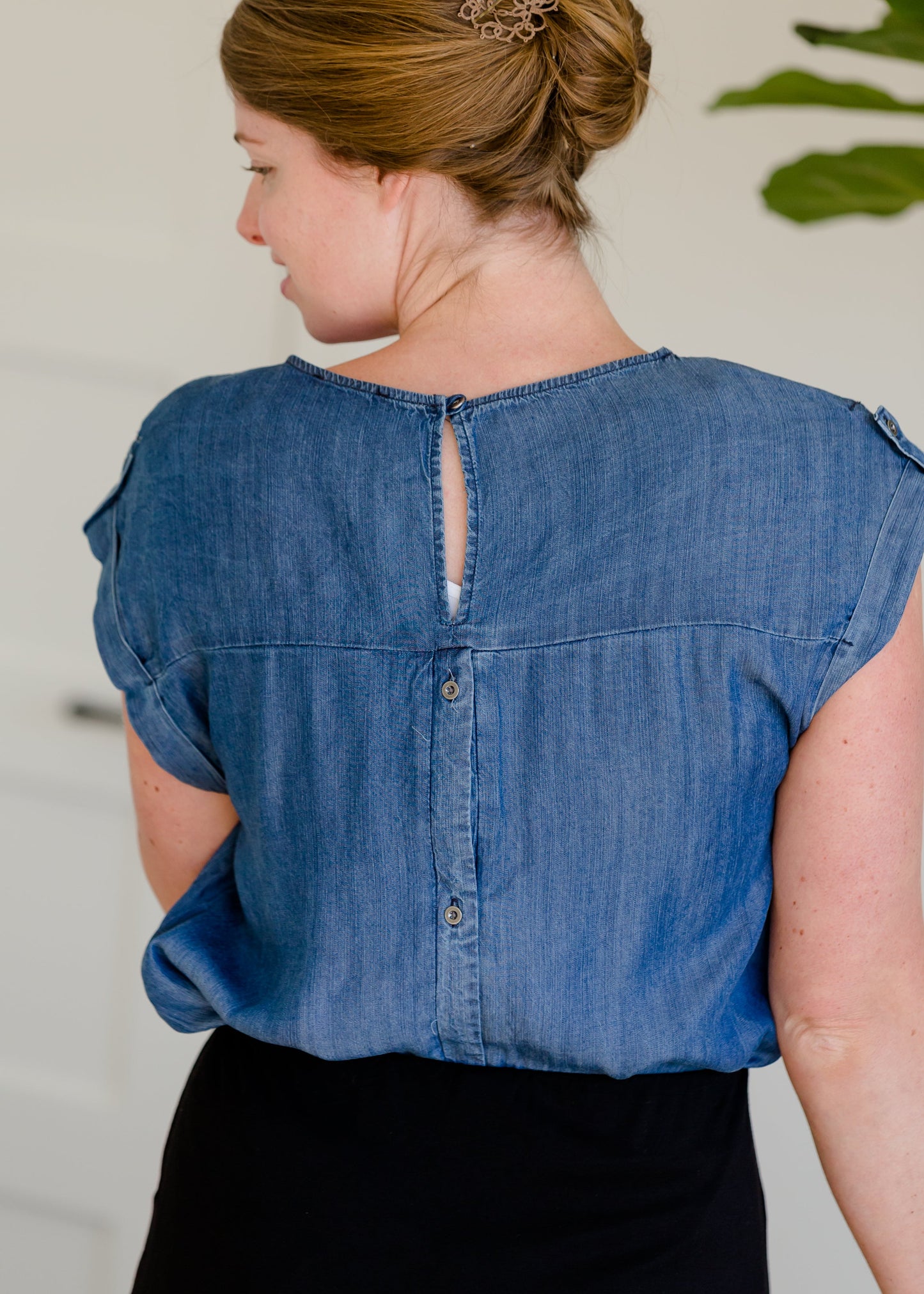Chambray Button Back Pocket Top Tops