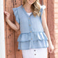Chambray Button Ruffle Sleeve Blouse Tops