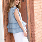 Chambray Button Ruffle Sleeve Blouse Tops