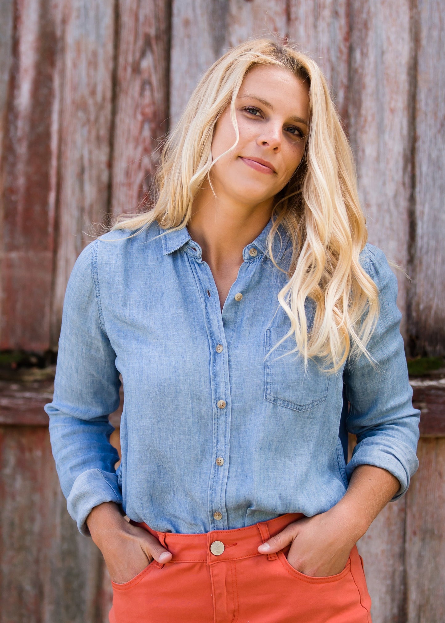 Womens Chambray Button Up Pocket Top