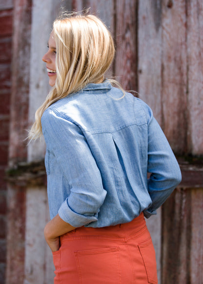 Womens Chambray Button Up Pocket Top