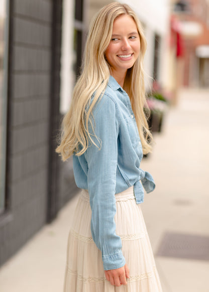 Chambray Denim Button Up Shirt Tops