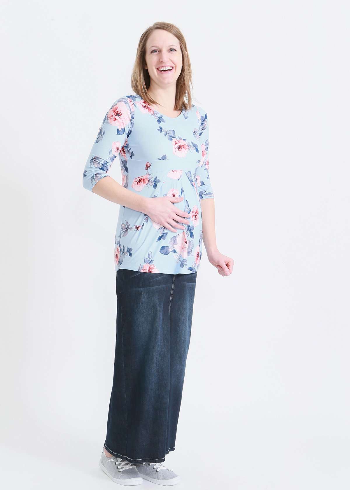 light blue and floral pleated maternity 3/4 sleeve top