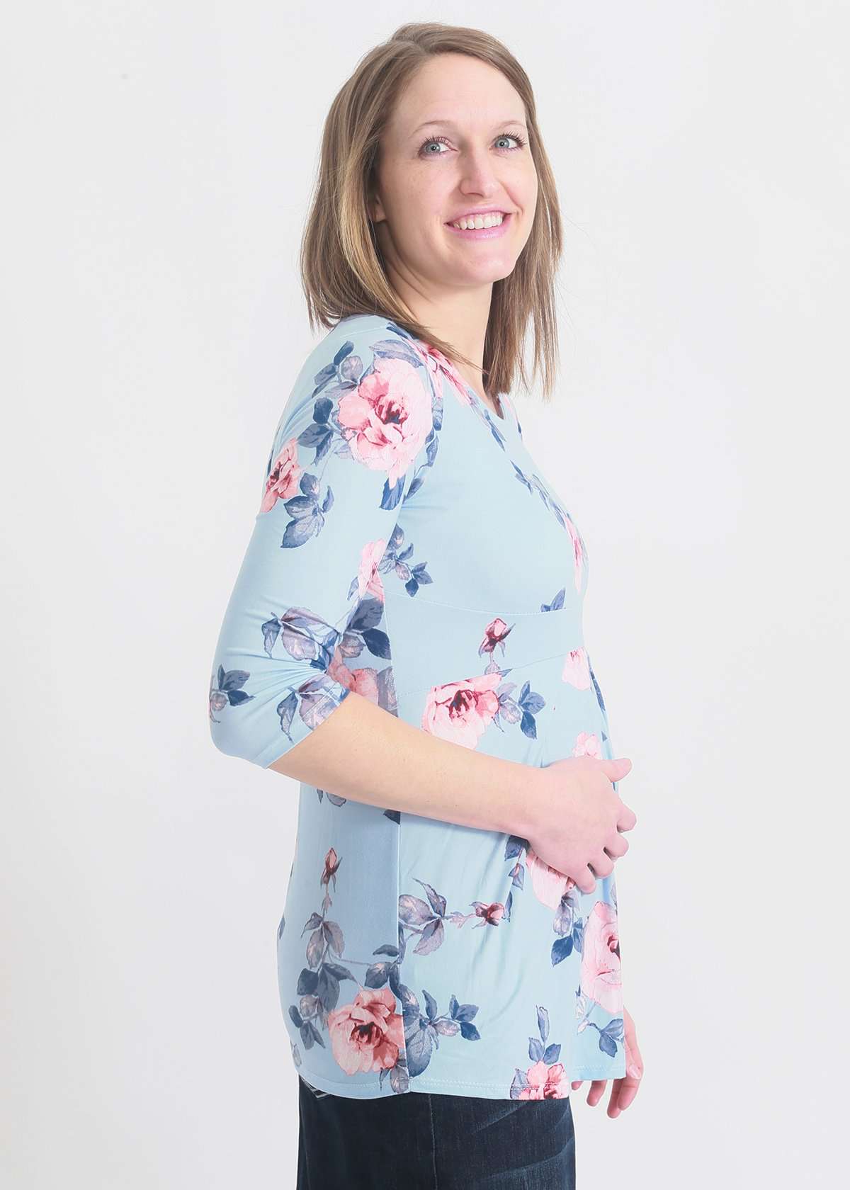 light blue and floral pleated maternity 3/4 sleeve top