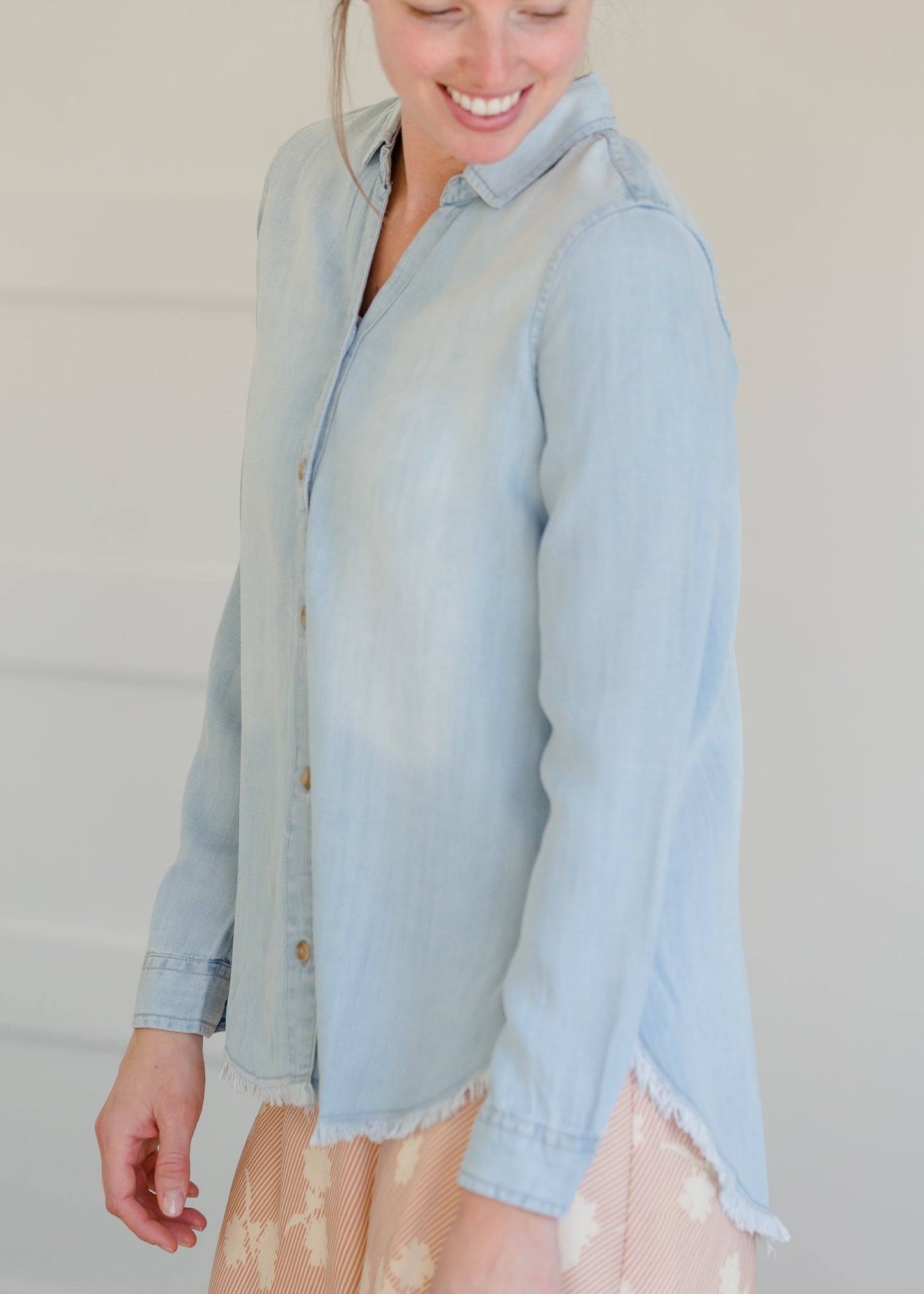 Chambray Fringe Hem Button Up Top - FINAL SALE Tops