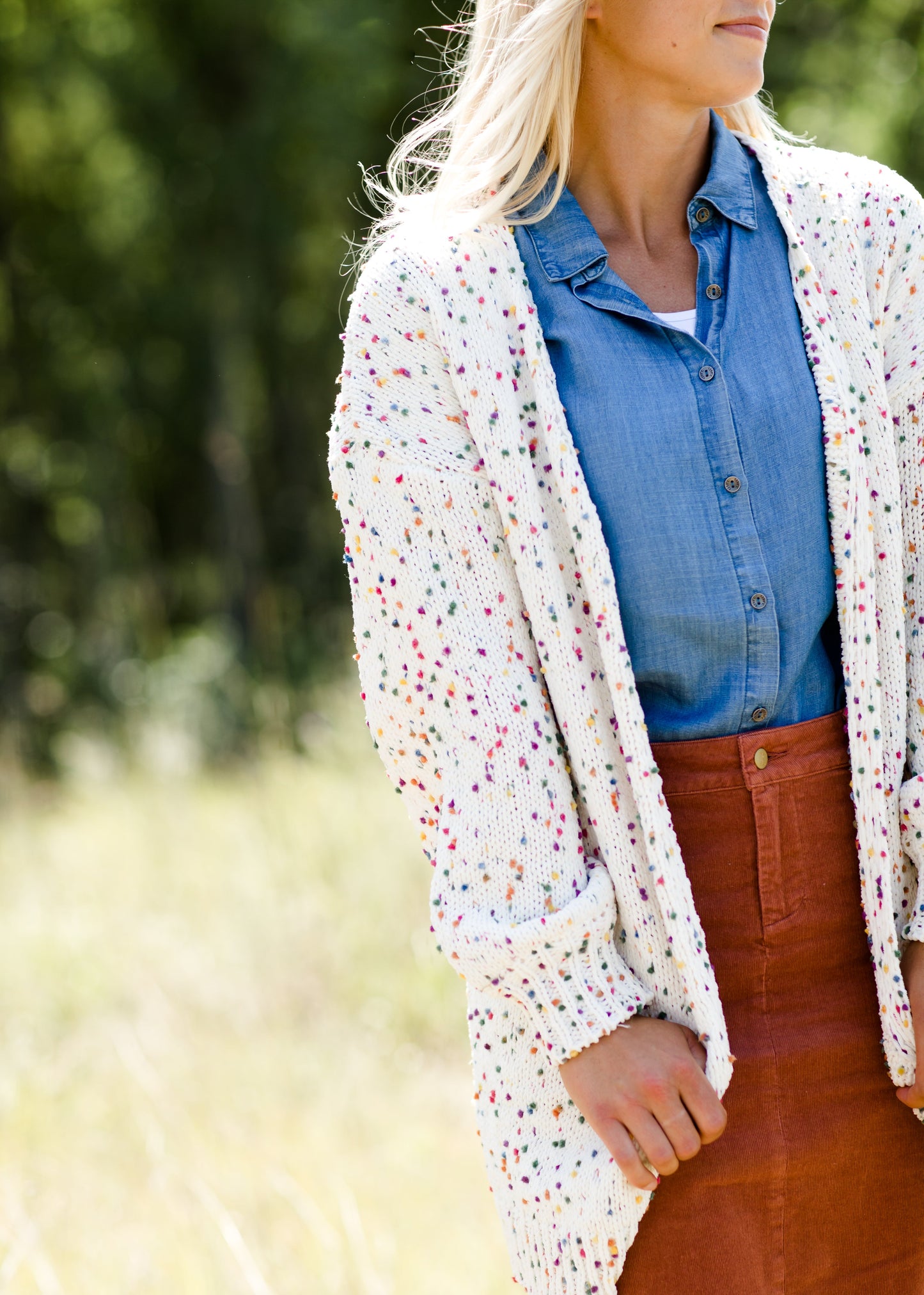 multi color popcorn knit open front ivory cardigan