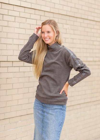 Charcoal Mock Neck Pullover With Side Button Detail Tops