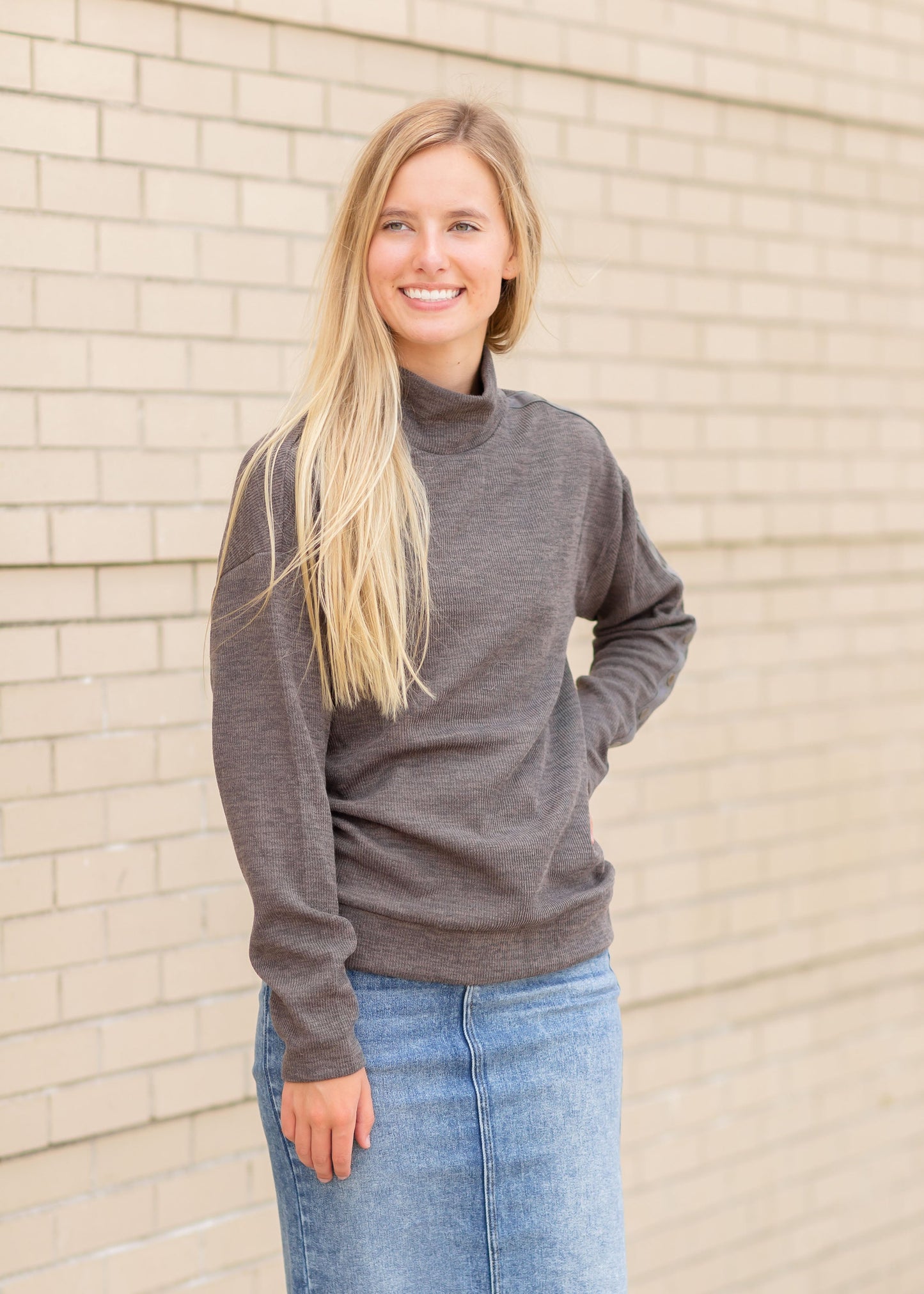 Charcoal Mock Neck Pullover With Side Button Detail Tops