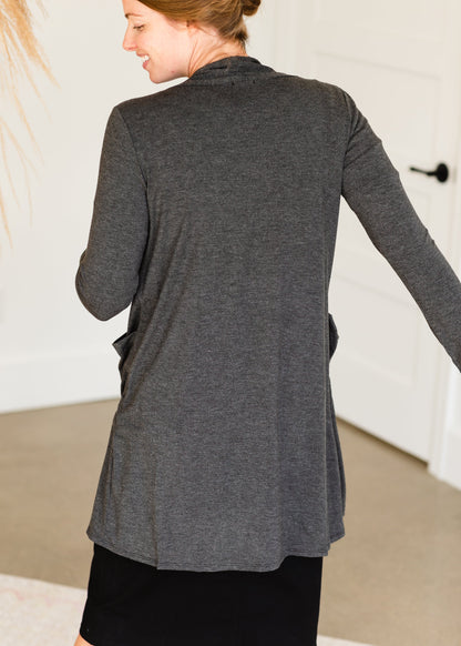 Charcoal Open Front Pocket Cardigan - FINAL SALE Tops