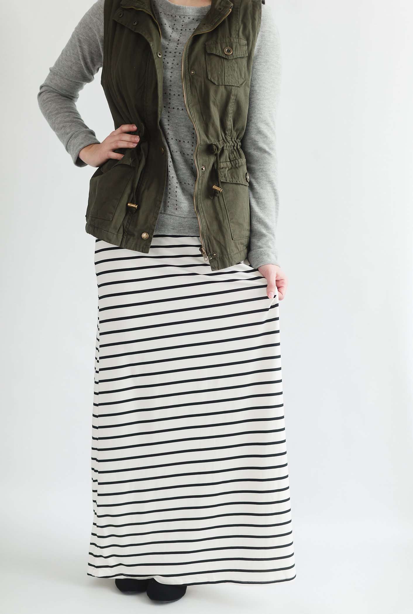 Stretchy modest maxi skirt comes in black, charcoal, olive, burgundy or classic stripe.