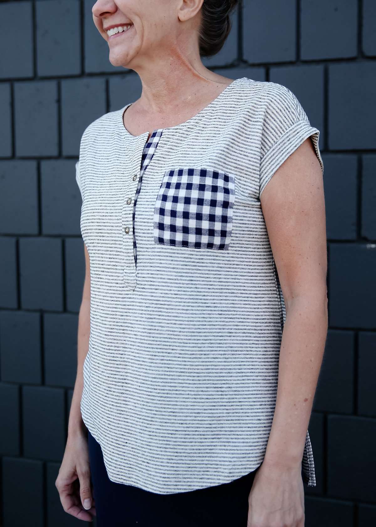 Checked Pocket Detail Stripe Top Tops