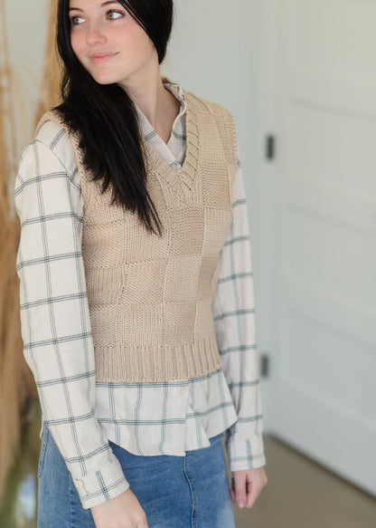 Checker Knit V Neck Sweater Vest Tops Mod Ref