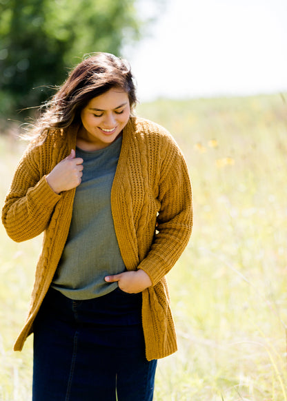 Mustard chenille cable knit oversized cardigan