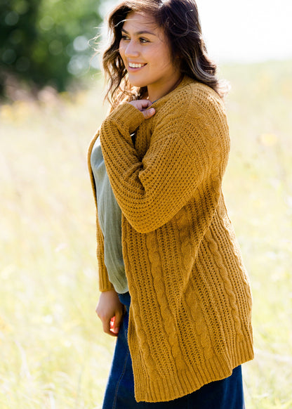Mustard chenille cable knit oversized cardigan