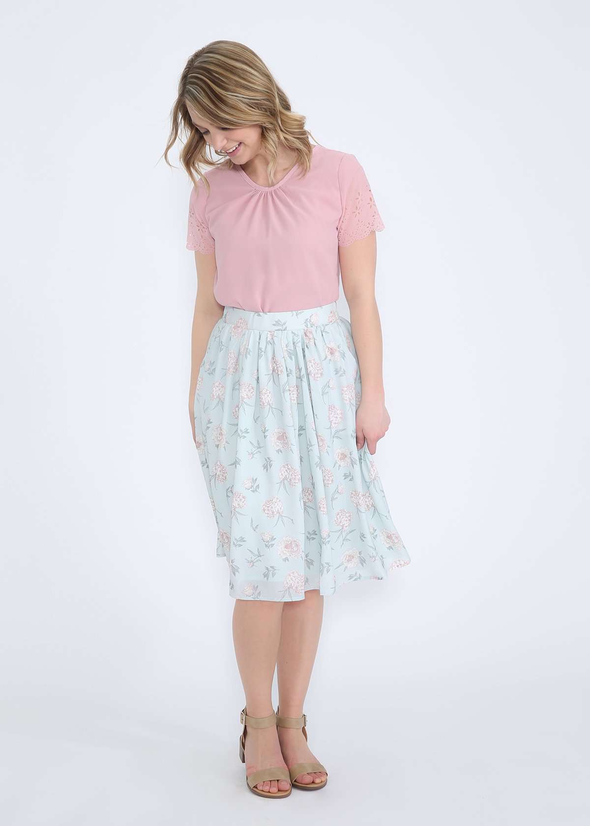 mint and floral modest polyester midi skirt