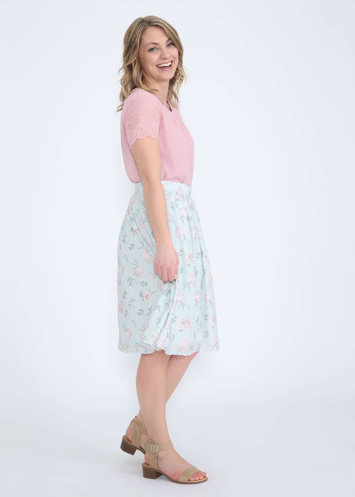 mint and floral modest polyester midi skirt