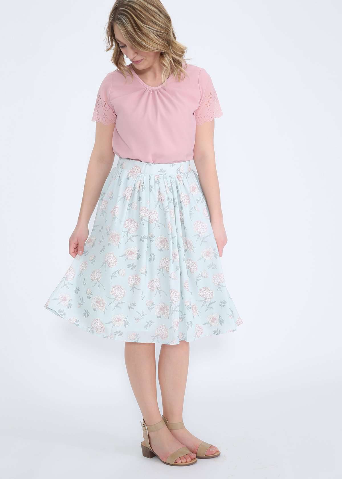 mint and floral modest polyester midi skirt
