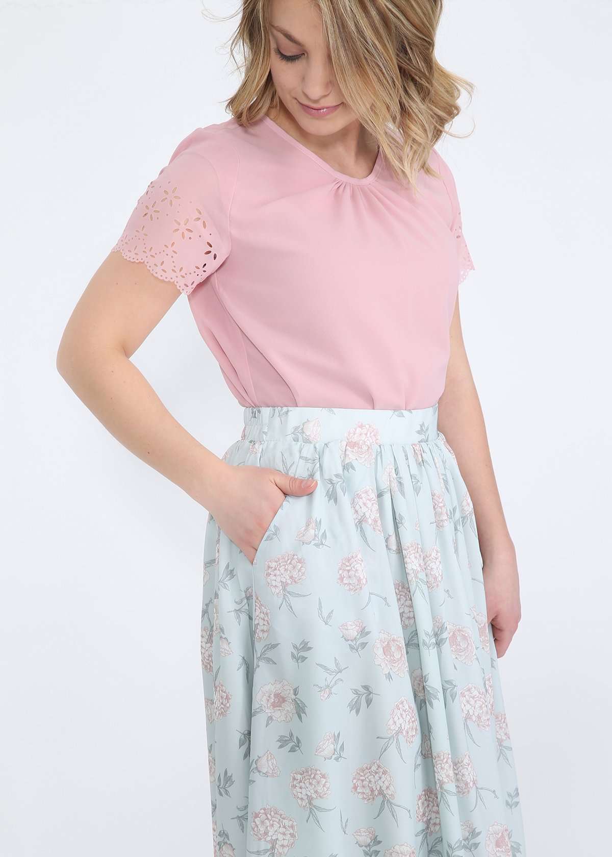 mint and floral modest polyester midi skirt