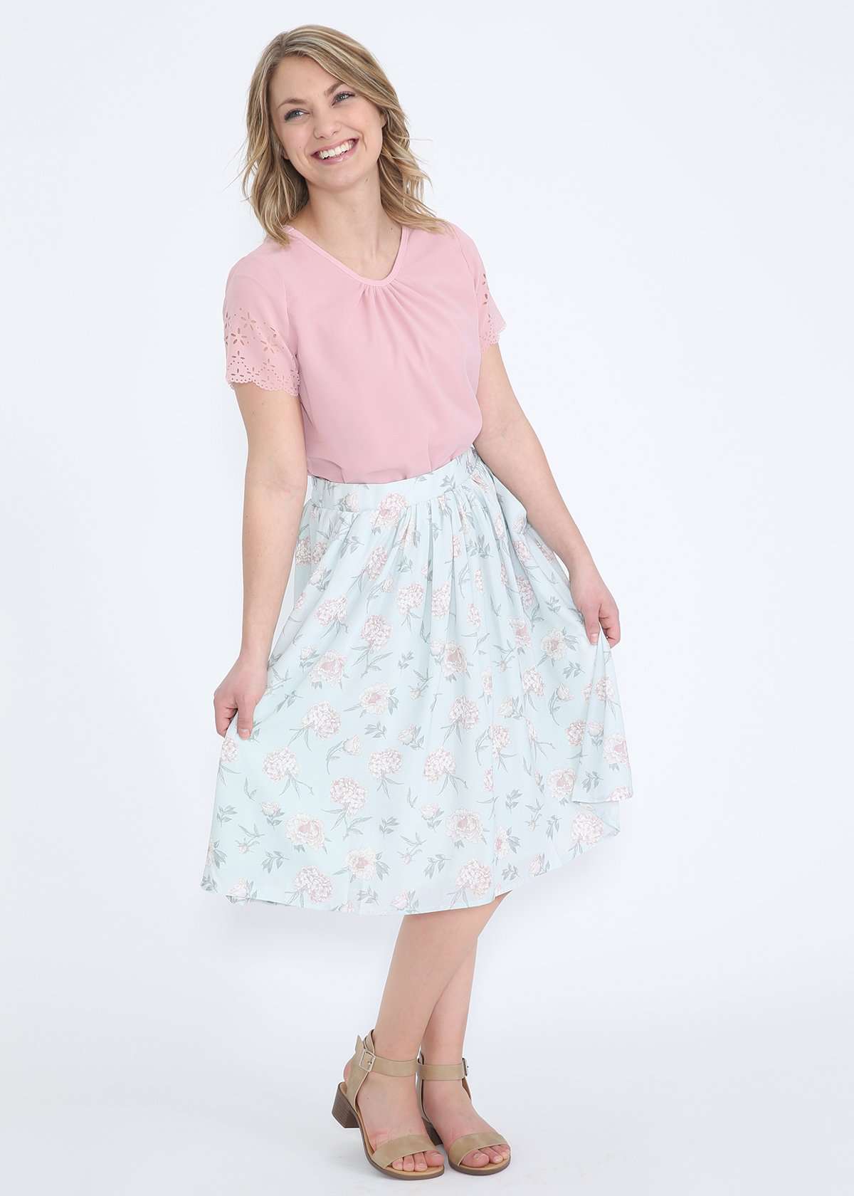mint and floral modest polyester midi skirt