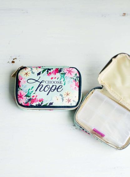 Floral pill case with a Christian quote on the cover saying Choose Hope.