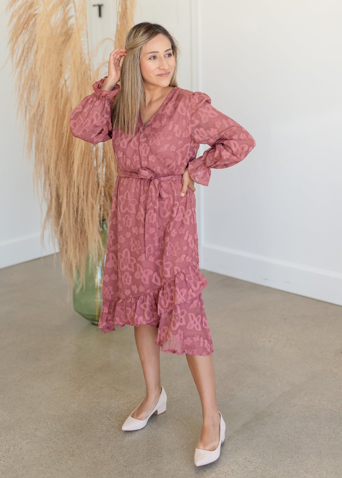Cinched Long Sleeve Wrap Midi Dress Dresses Tea & Rose