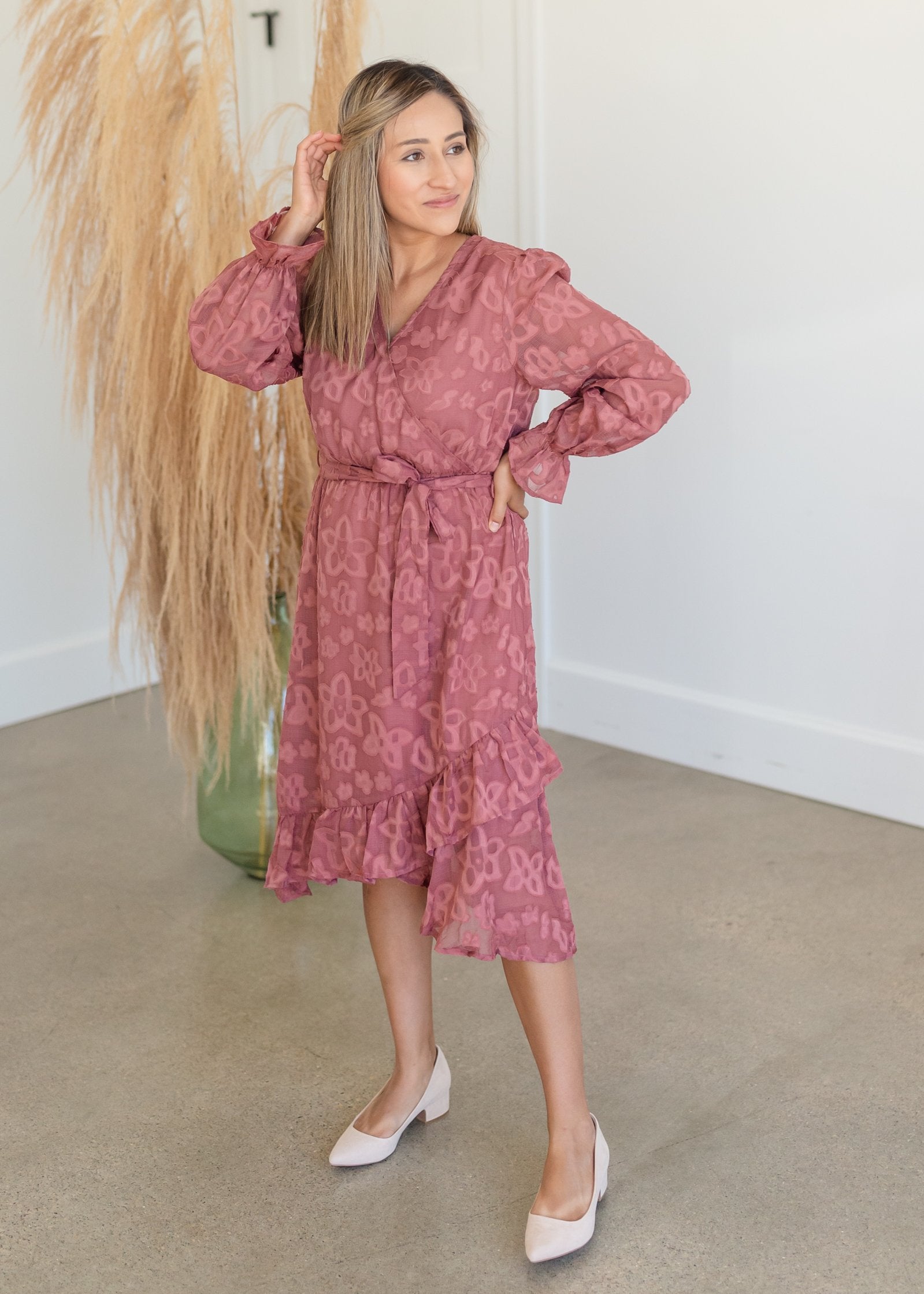 Cinched Long Sleeve Wrap Midi Dress Dresses Tea & Rose