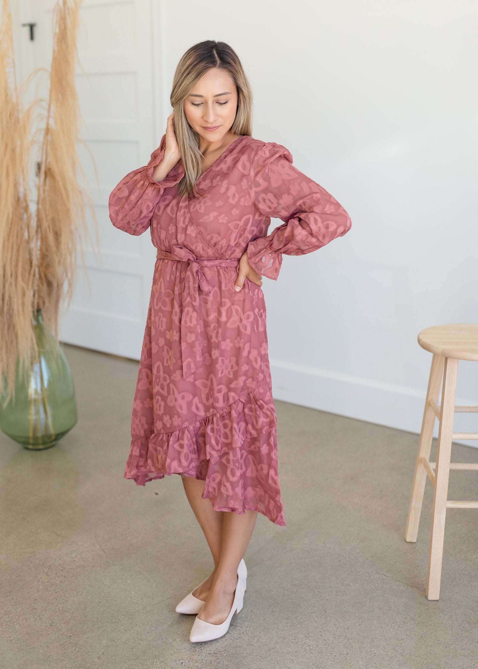 Cinched Long Sleeve Wrap Midi Dress Dresses Tea & Rose