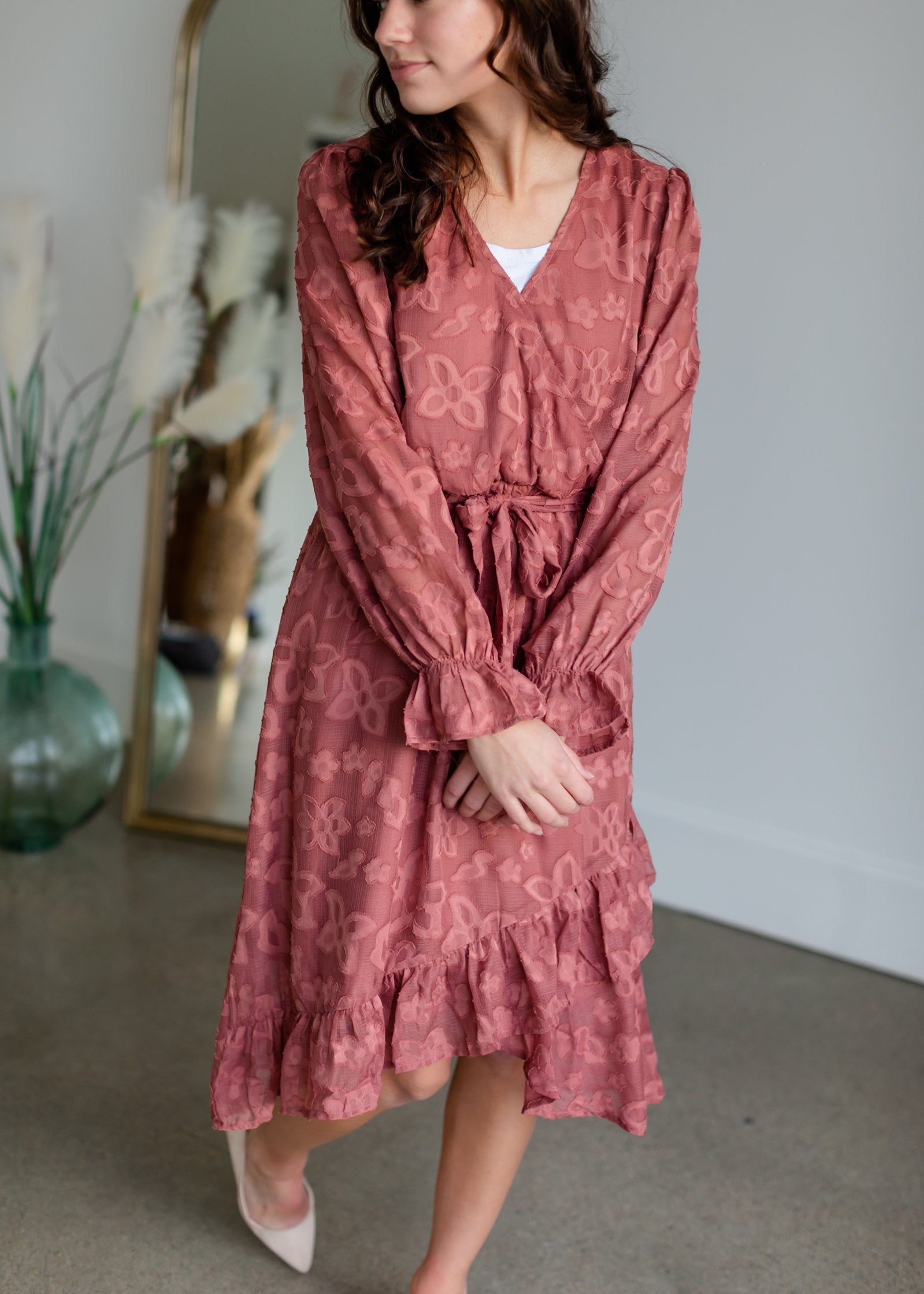 Cinched Long Sleeve Wrap Midi Dress - FINAL SALE Dresses Tea & Rose
