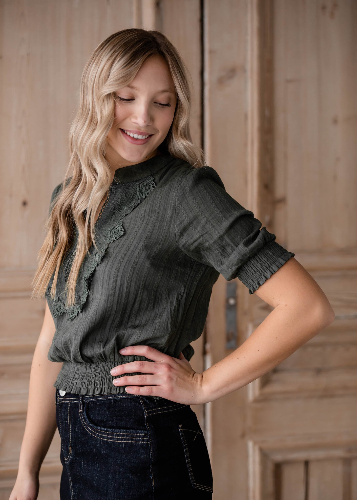 Cinched Waist V-Neck Top Shirt Hayden