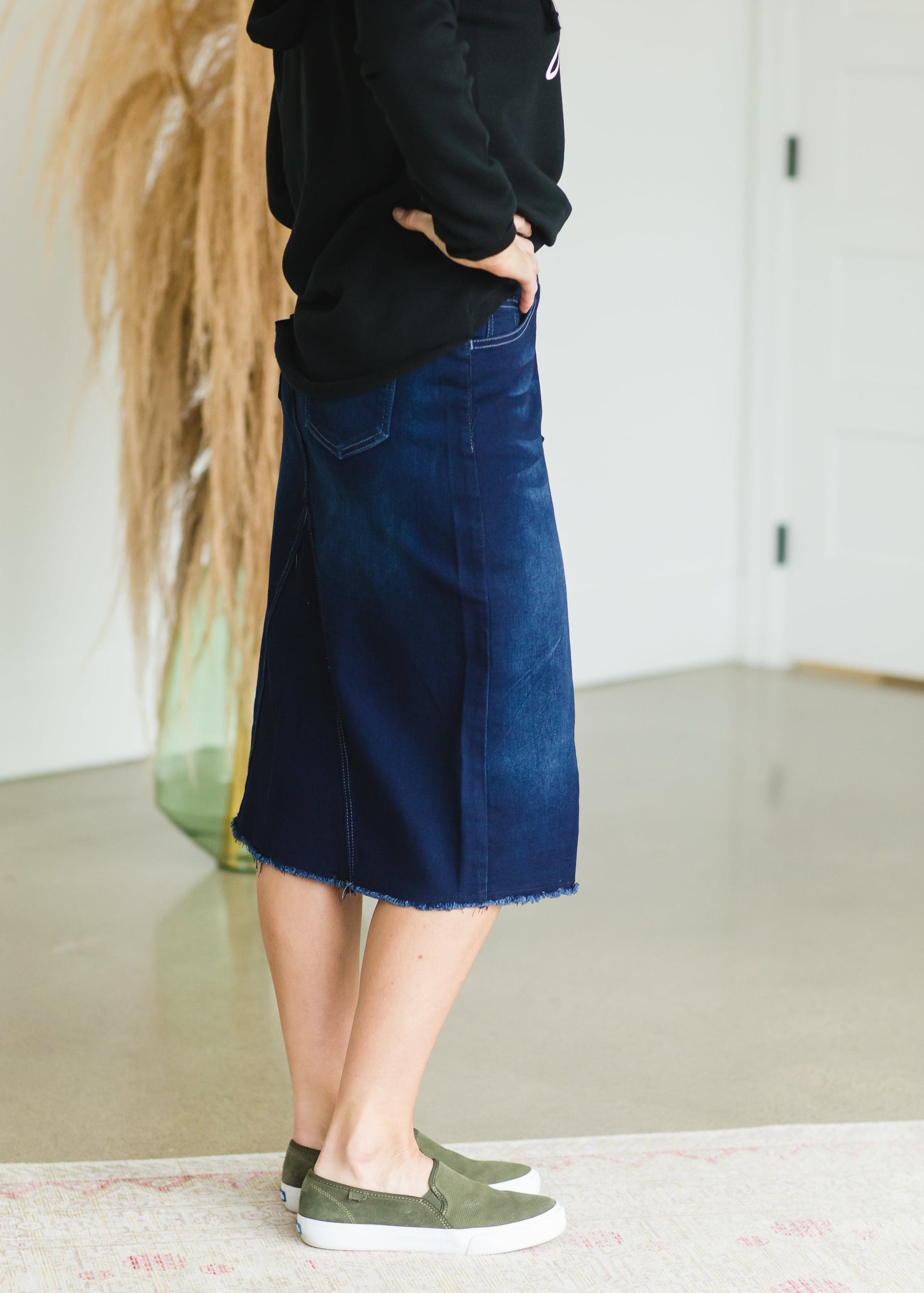 Classic Dark Wash Fringe Hem Midi Skirt - FINAL SALE Skirts