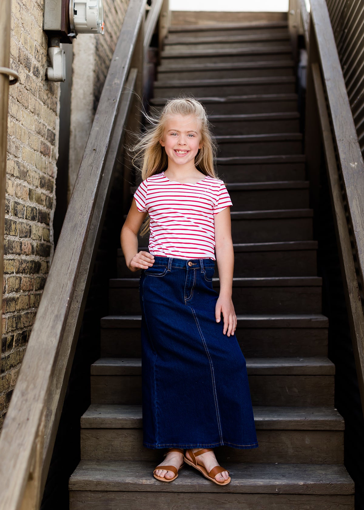 young girls modest long denim jean skirt 