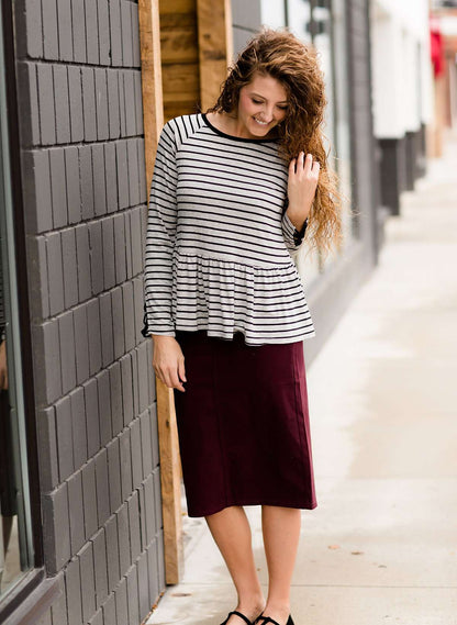 Women's Modest Black Stripe and Lace Peplum Top