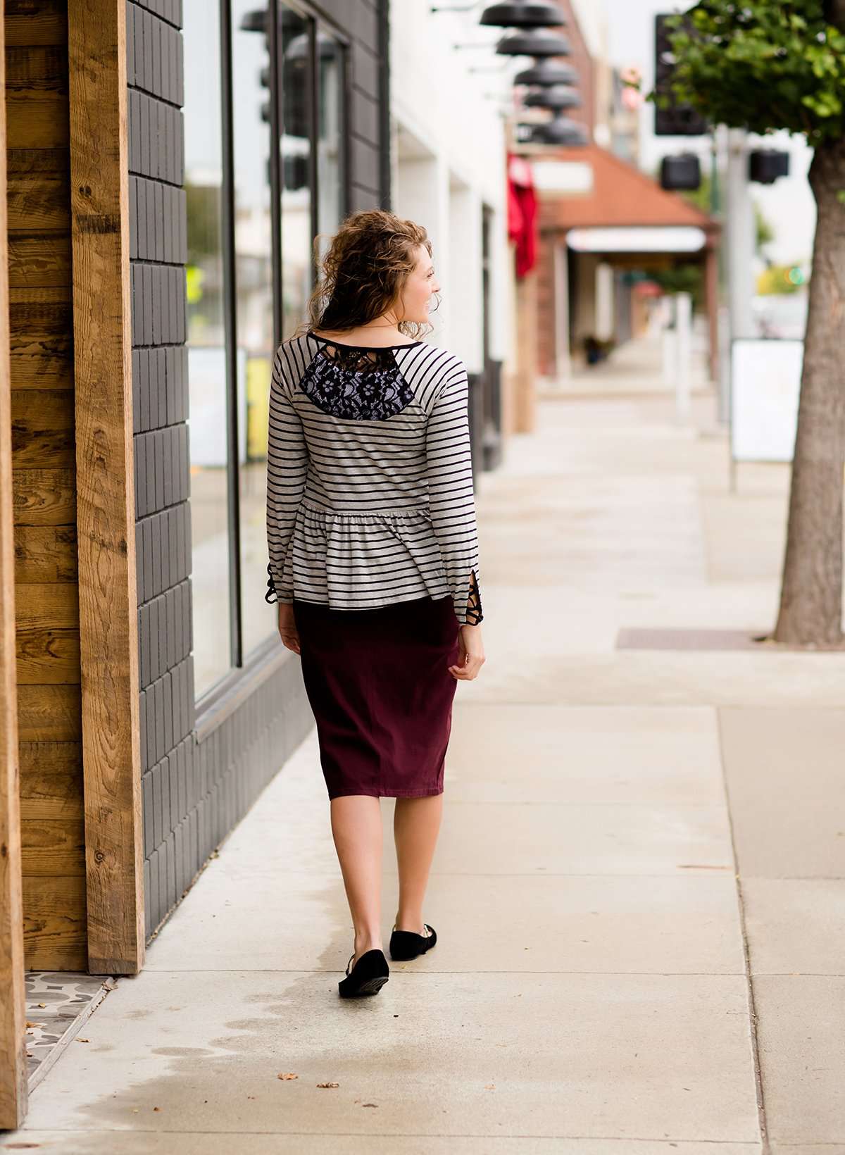Women's Modest Black Stripe and Lace Peplum Top