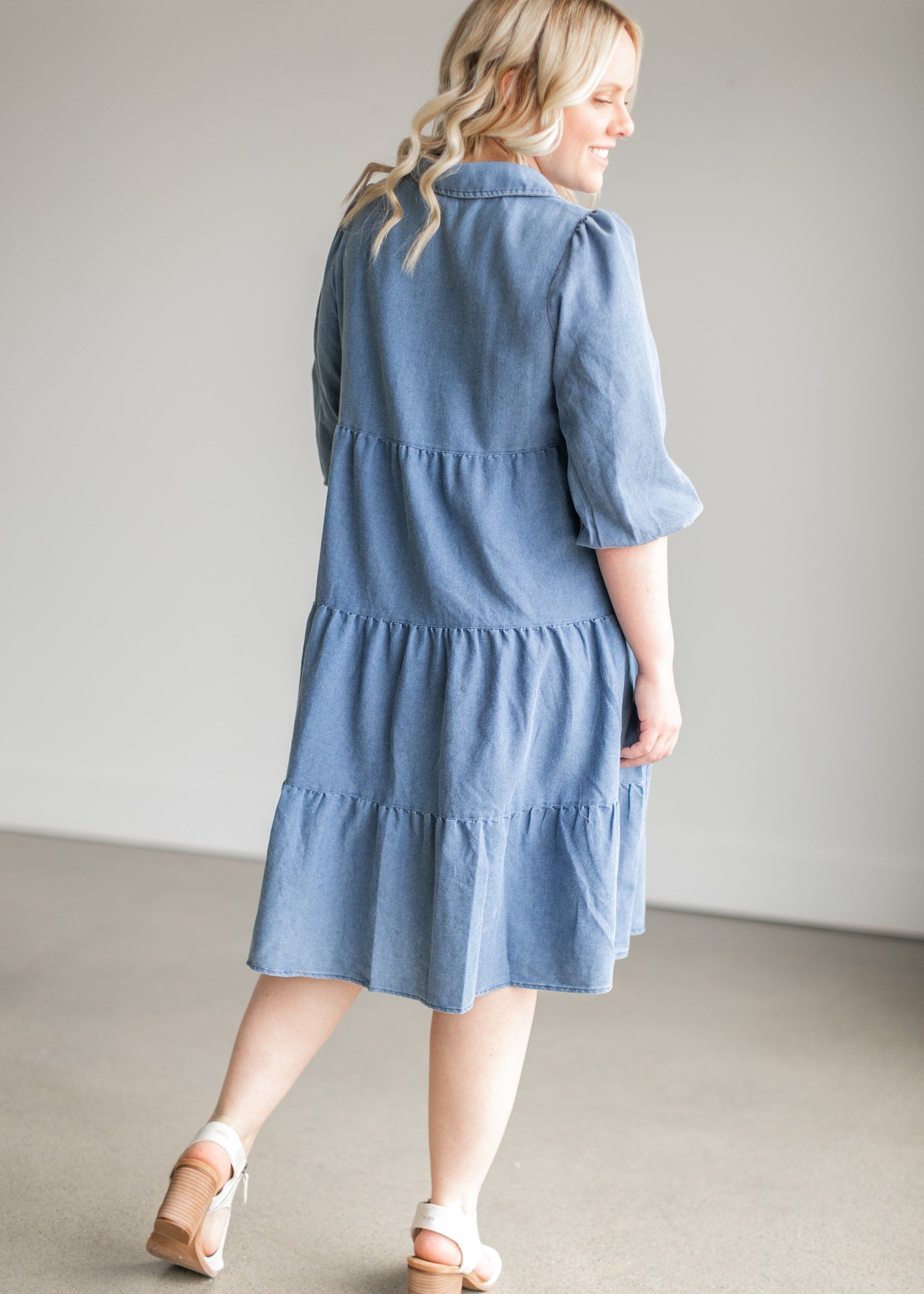 Collared Denim Tiered Midi Shirt Dress Dresses