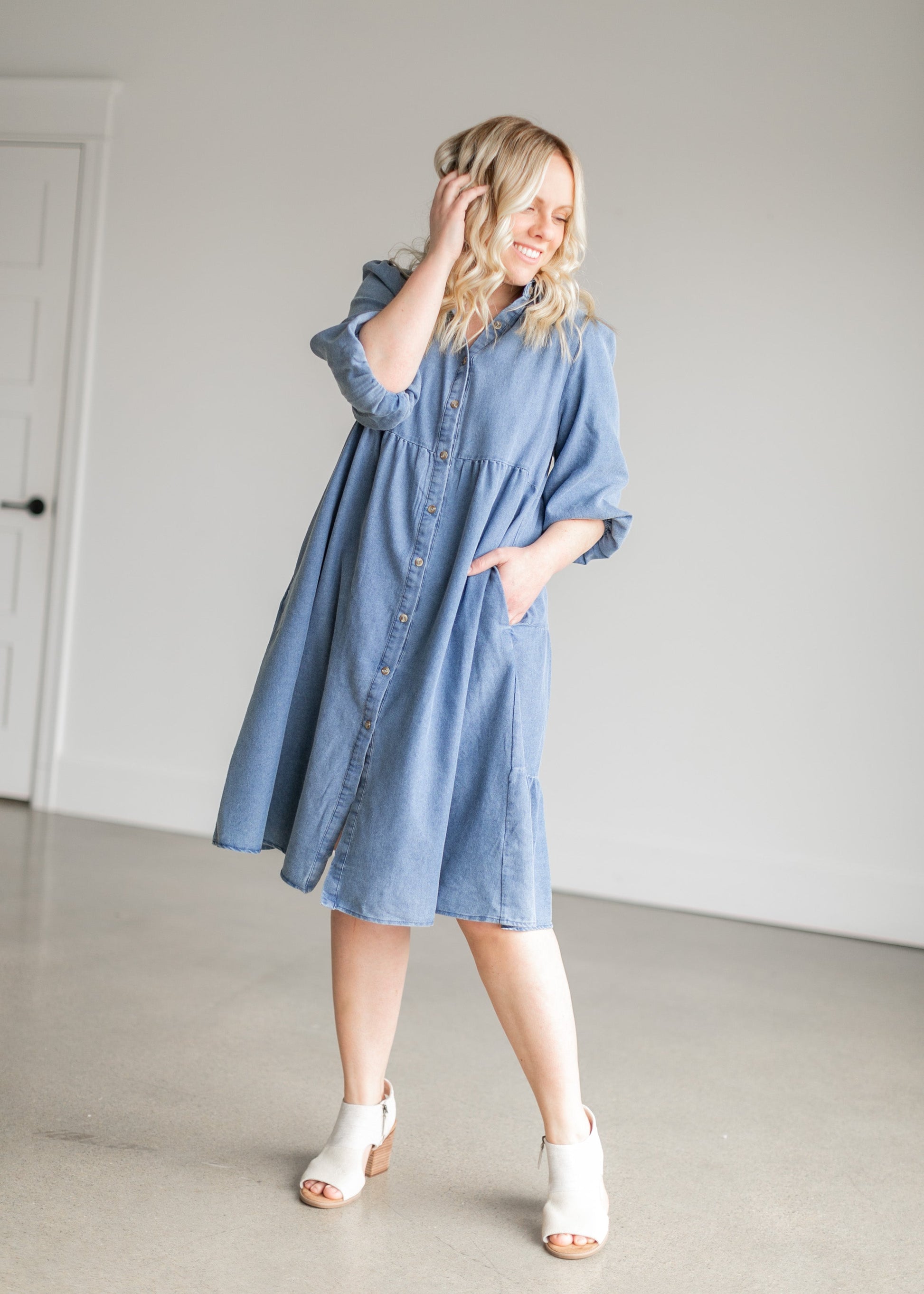 Collared Denim Tiered Midi Shirt Dress Dresses Dark Denim / S