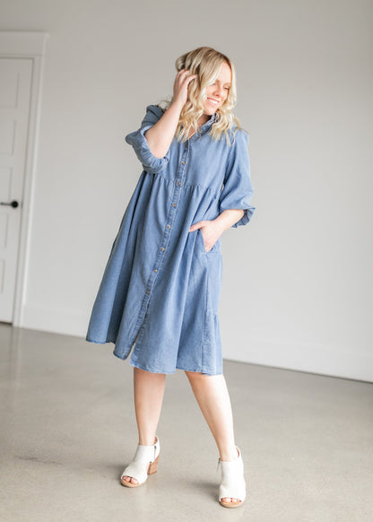 Collared Denim Tiered Midi Shirt Dress Dresses Dark Denim / S