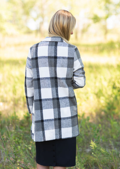 Collared Long Sleeve Plaid Coat Tops